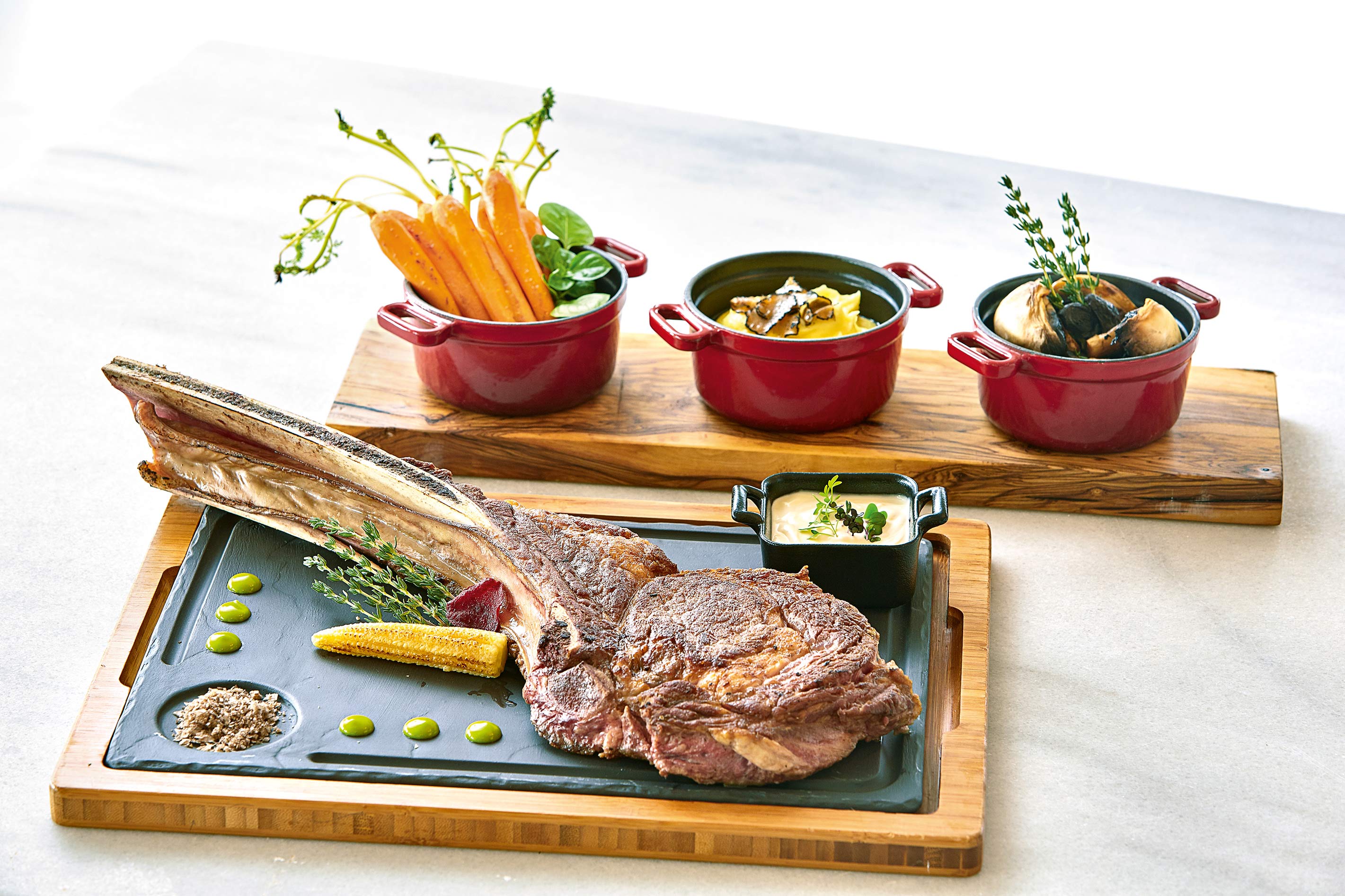 grilled steak on wooden plate, Grecotel, greece