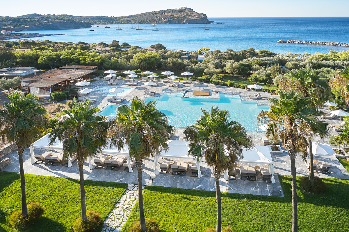 Grecotel Cape Sounio, Greece, aerial view of beach and temple of Poseidon 