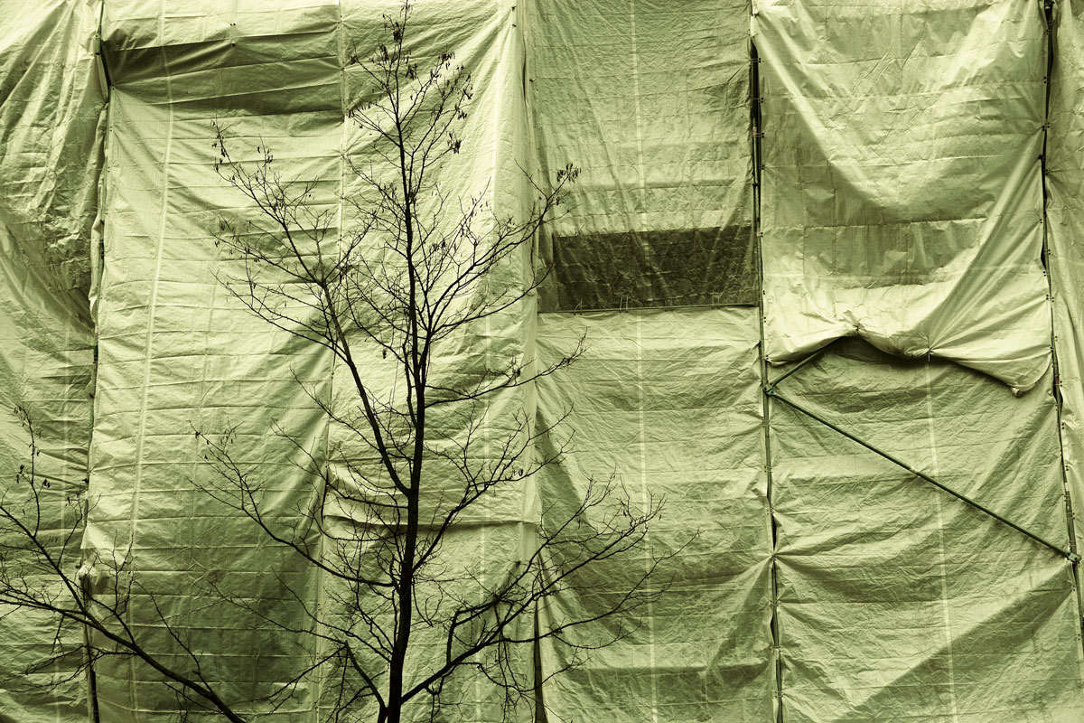 facade wrapped in green tissue