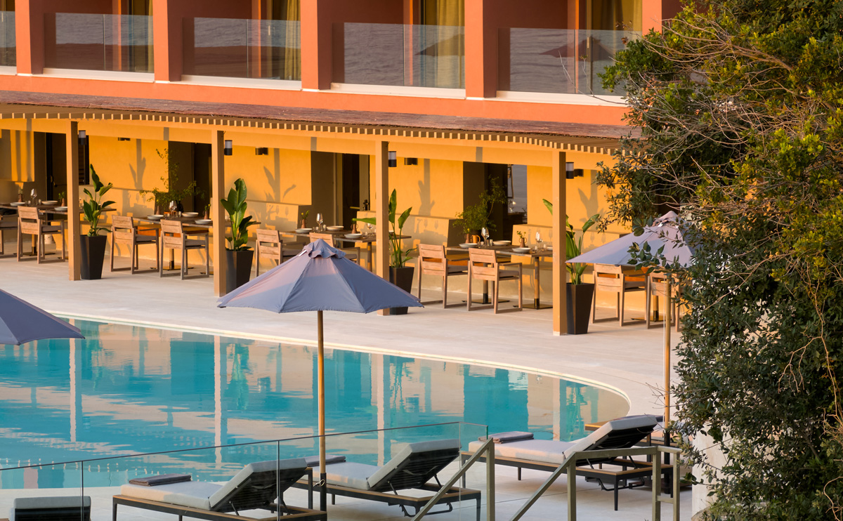 aerial view pool bar late afternoon light