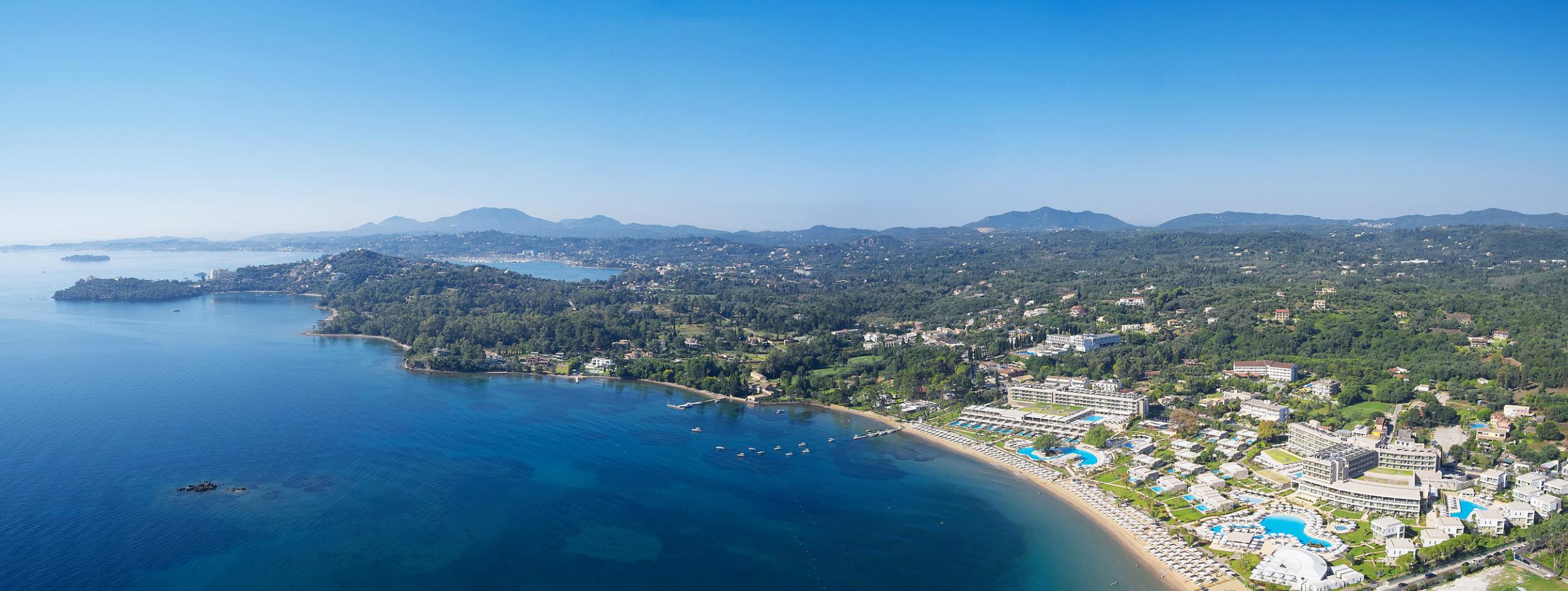 Aerial panoramic view of Ikos Dassia Resort, Corfu