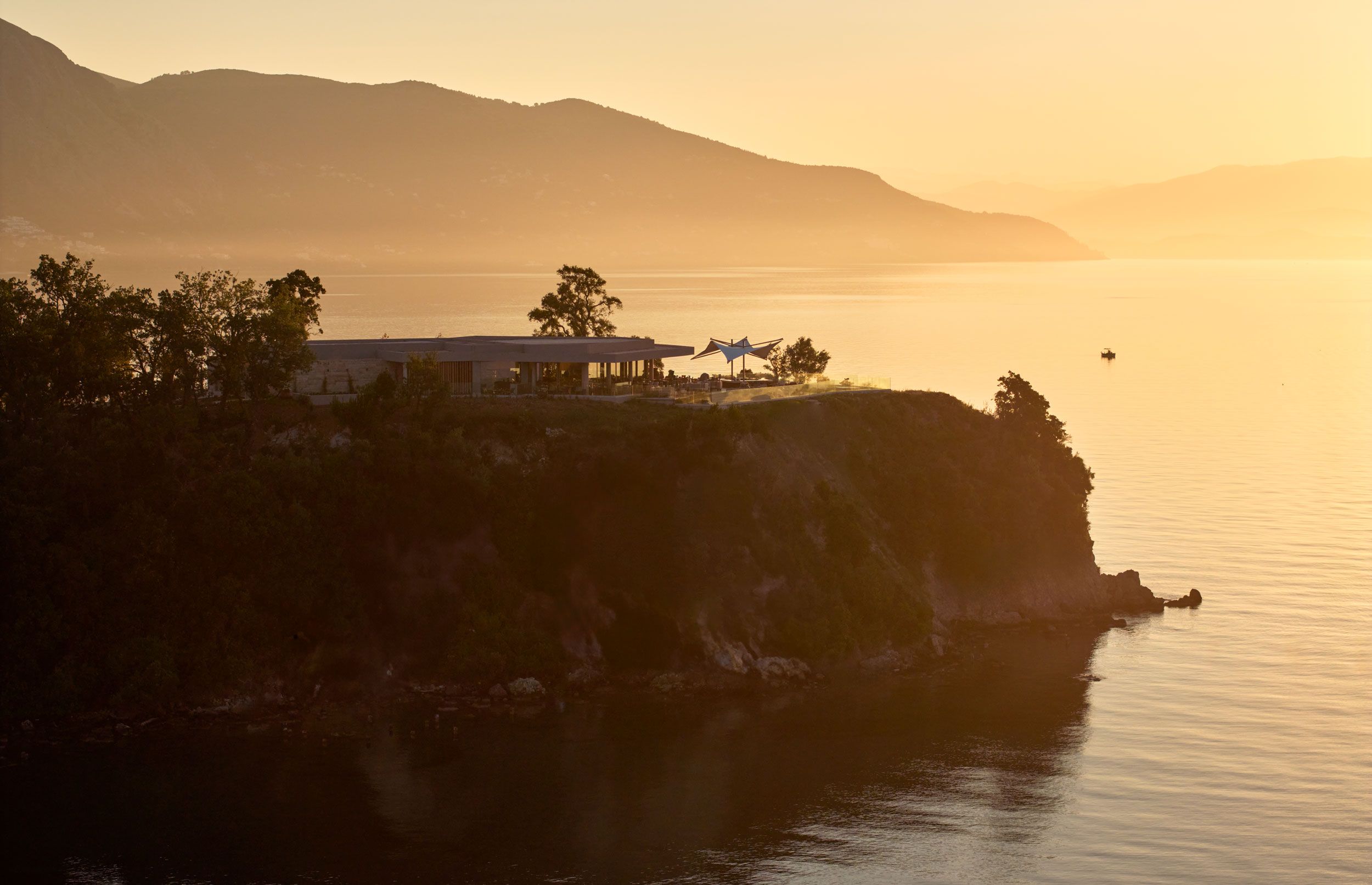 Ikos Odisia, Elia Restaurant by sunset, aerial view
