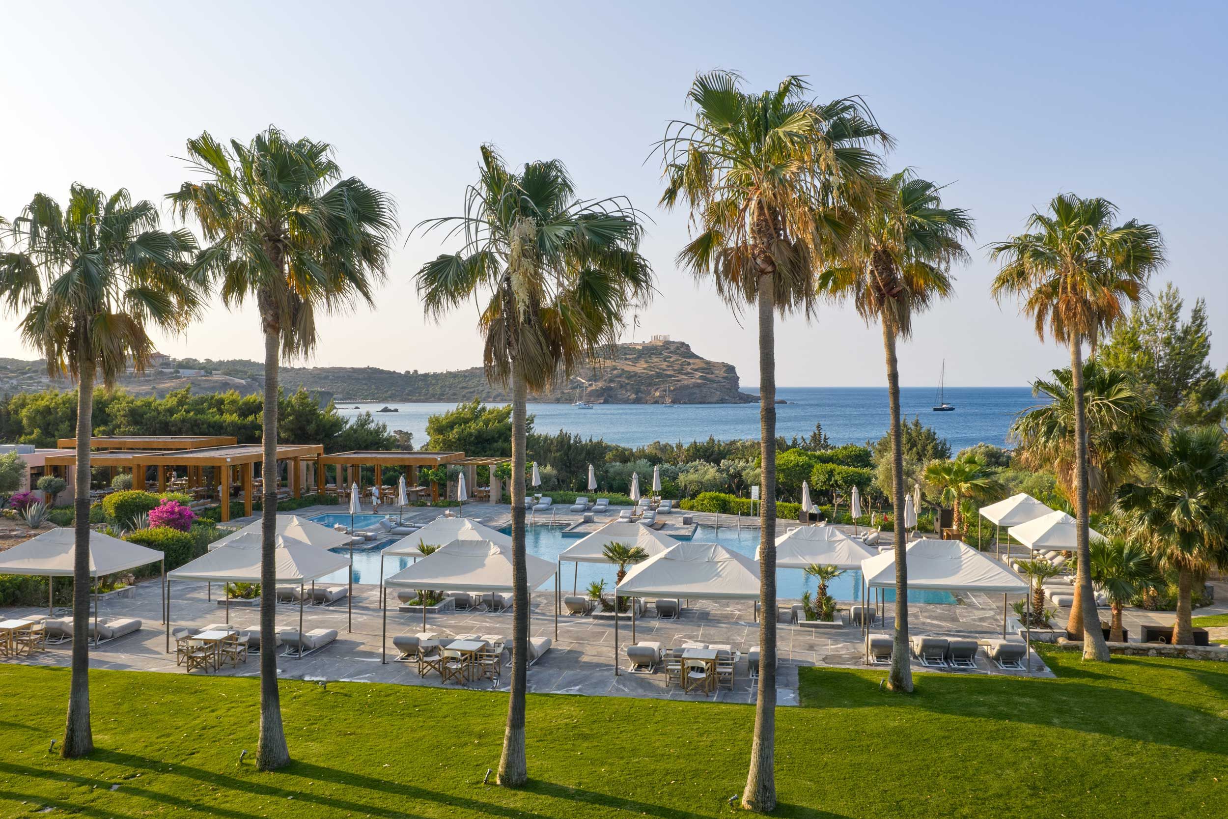aerial view of pool and beach aera of Grecotel Cape Sounio