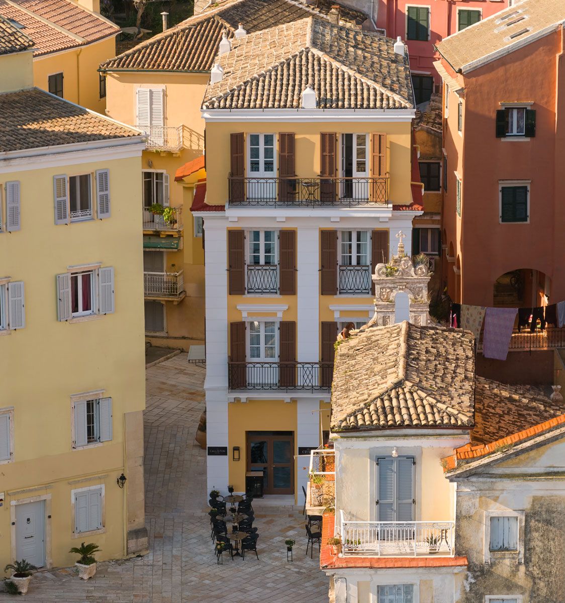 aerial shot of The Calliston in old town of corfu