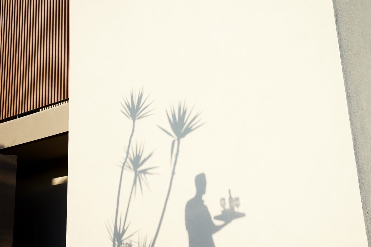 Elissa Rhodes, shadows of waiter and palm trees on wall