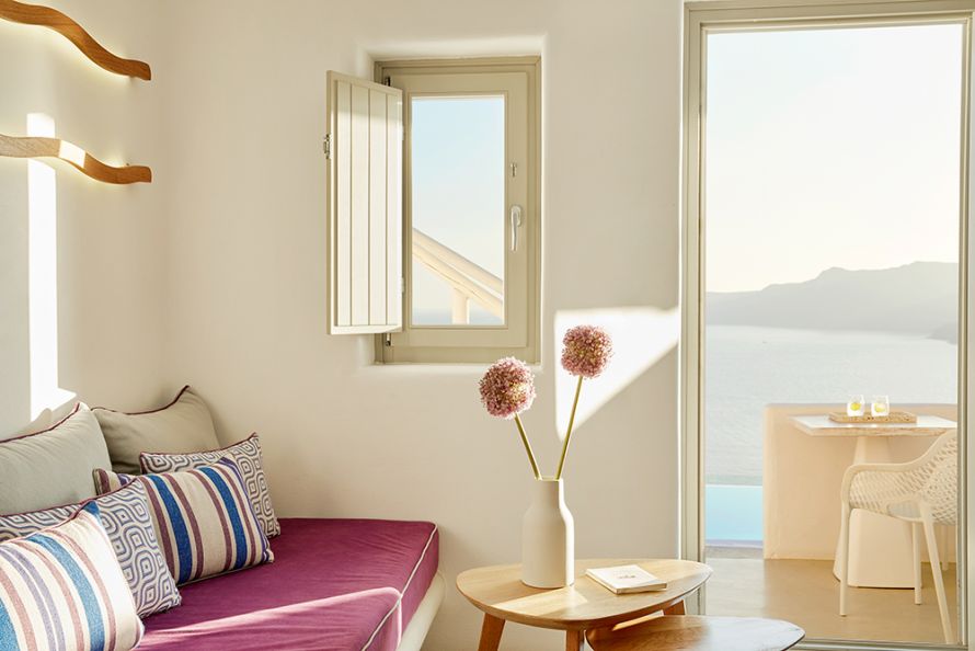 La Perla Santorini, Greece, room, warm light, afternoon, view