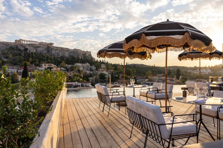 The Dolli roof, pool, umbrellas, Acropolis