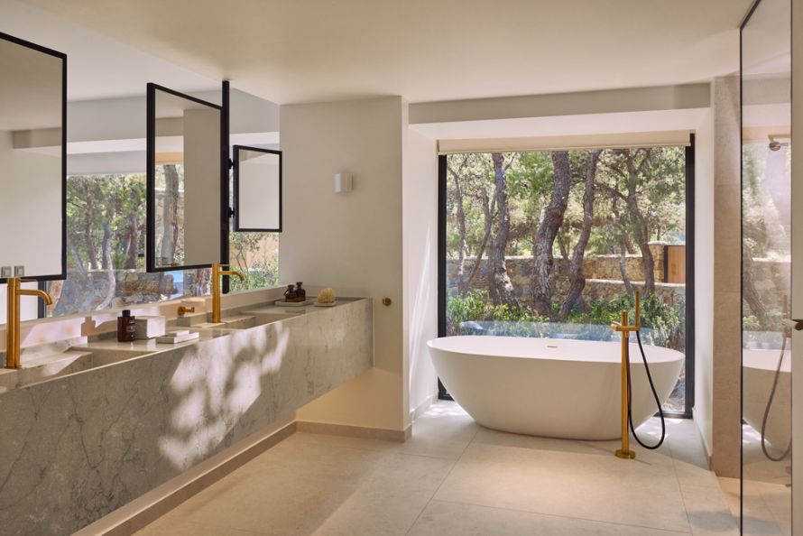 bathroom in villa of Cape Sounio surrounded by pinewood