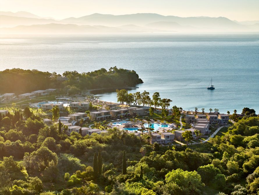 Ikos Odisia, Corfu Aerial view early morning light